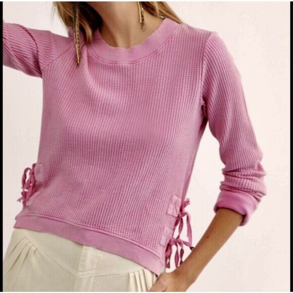 Free People Interlaken Thermal Waffle Knit Top Womens Size XS Pink Long Sleeve - Picture 1 of 13